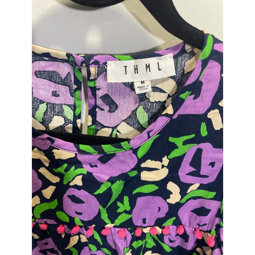 THML Mini Dress Womens M Purple Floral Pom Pom Tiered Puff Sleeve Boho THS1123-N - Picture 4 of 6